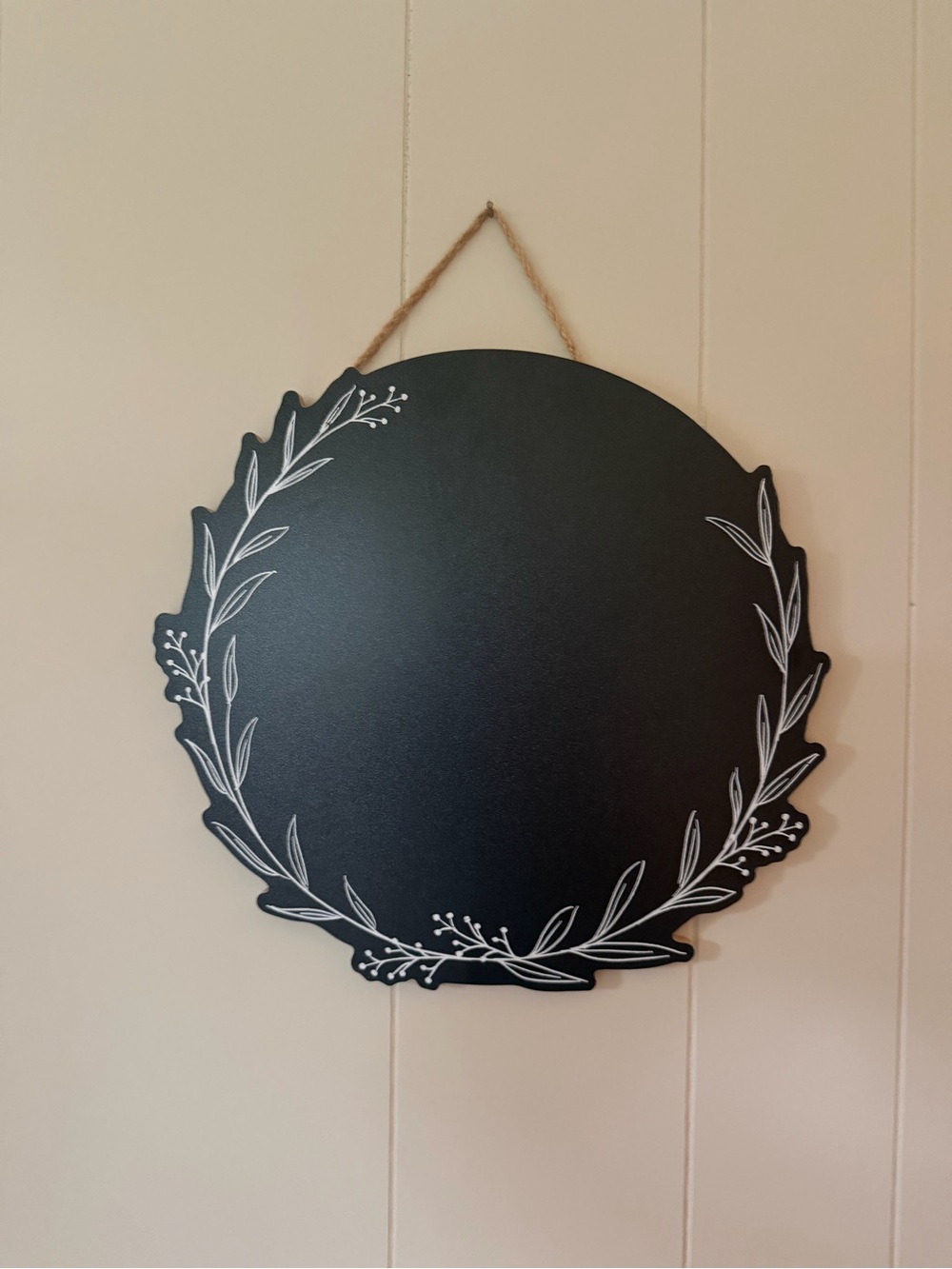 Black Round Chalkboard Wall Decor with White Leaf Accent
